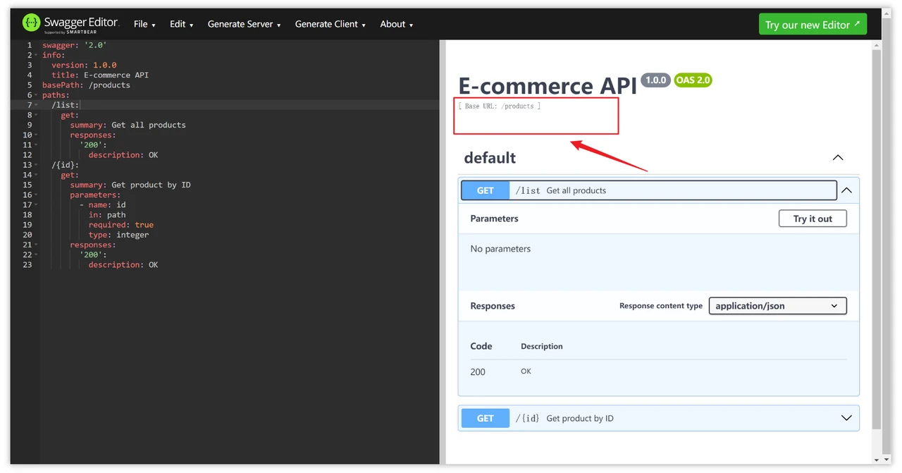 Swagger Editor 的 basePath 示例
