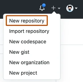 GitHub.com 右上角中的加號之下拉式功能表的螢幕擷取畫面，其中第一個選項是 [新存放庫]。