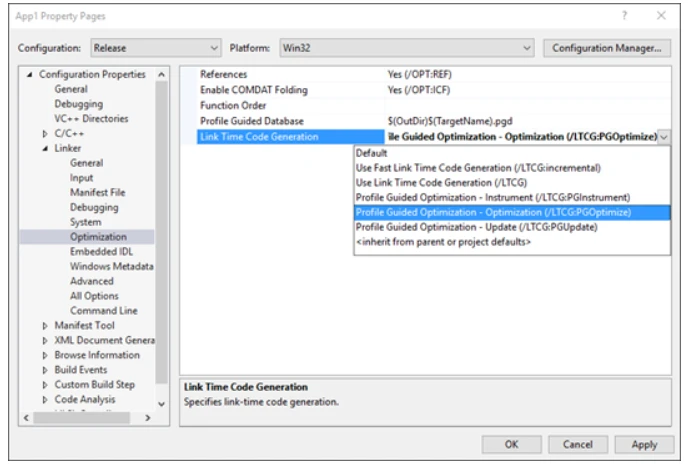 “App1 属性页”对话框的屏幕截图，其中显示了已选中“配置属性”>“链接器”>“优化”，并突出显示了“链接时间代码生成”选项和“配置文件引导的优化 - 优化 LTCG:PGOptimize”选项。