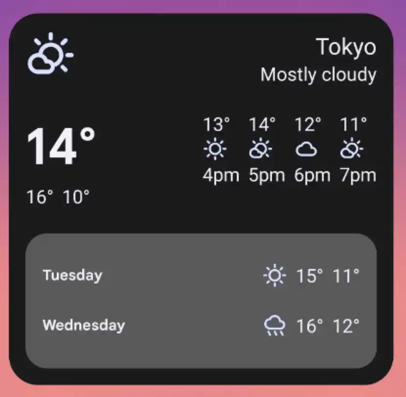 尺寸为 5x3“大”的天气 widget 示例。以这种方式调整微件的大小会基于之前的微件大小的所有界面进行构建，并在微件中添加一个视图，其中包含星期二和星期三的天气预报。表示天气晴朗或阴雨以及每天高温和低温的符号。